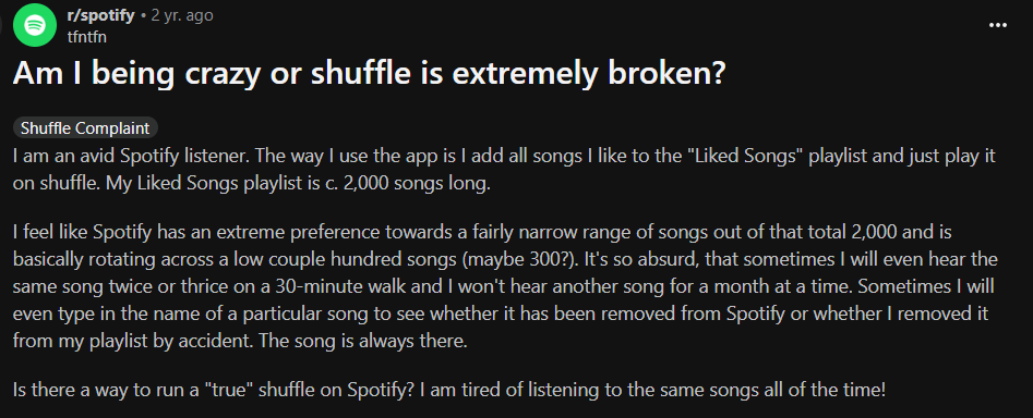 Reddit User Complaint about Spotify Shuffle